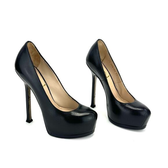 Yves Saint Laurent YSL "TRIBTOO" BLACK CAVIAR LEATHER STILETTOS PLATFORMS PUMPS - Picture 3 of 16